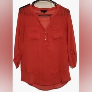 Express Rust Sheer Chiffon V-Neck Long Button-Tab Sleeve Tunic Top/Blouse, M!🍁